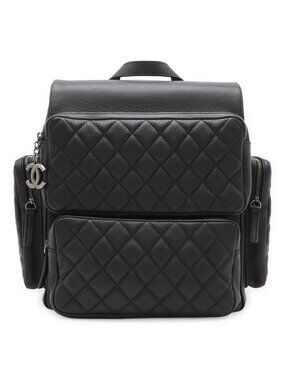 Chanel Quilted Casual Lock Backpack Caviar Leather Black Silver
